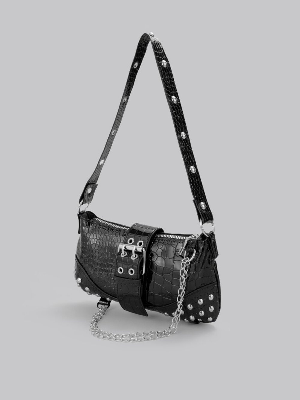 Black Women's Rivet Chain shoulder Handbag - Picture 2 of 6